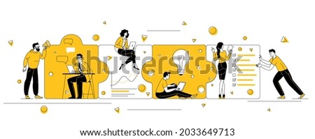 People connecting puzzle elements. Flat design business team, partnership and cooperation flat design vector concept.