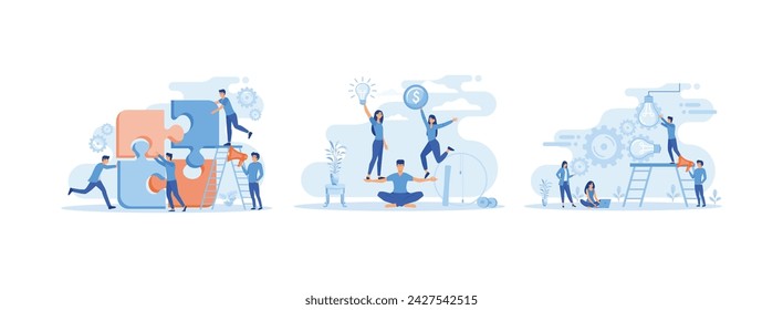 People connecting puzzle elements, Good balance between idea, time and work, Entrepreneurs and teamwork. Team Work 1 set flat vector modern illustration