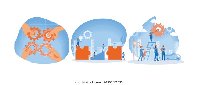 People connecting puzzle elements. Group of young business people working together with puzzles as symbol of collaborating. Workers couple rotating cogwheels teamwork. 