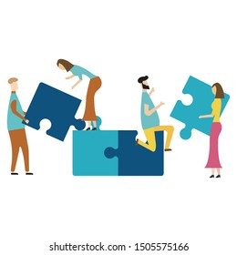 People connecting puzzle elements. isolated on white background. Vector illustration. Eps 10.