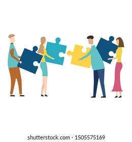 People connecting puzzle elements. isolated on white background. Vector illustration. Eps 10.