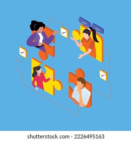 people connecting puzzle elements isometric 3d vector illustration concept for banner, website, illustration, landing page, flyer, etc.