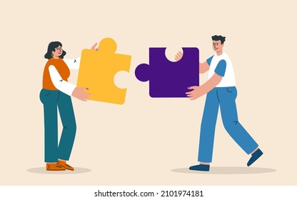 People connecting puzzle elements or jigsaw pieces. Success collaboration, teamwork. Business concept. Partnership. Team working, cooperation. Vector illustration
