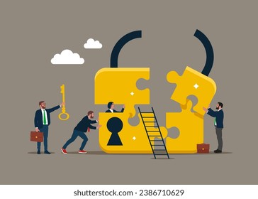 People connecting puzzle elements lock with unlock keyhole. Open to investment opportunities. Flat vector illustration