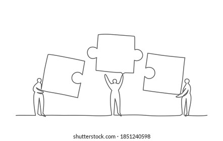 People connecting puzzle elements. One line drawing. Business, teamwork, partnership, work and team concept.
