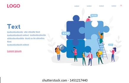 People connecting puzzle elements. Partnership. Vector illustration for web banner, print, infographics, mobile website. Landing page template. Team metaphor. Teamwork, cooperation.
