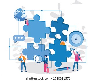 Gente conectando elementos del rompecabezas. Asociación, empresa exitosa, ilustración vectorial para banner web, infografía, móvil. Trabajo en equipo, cooperación.