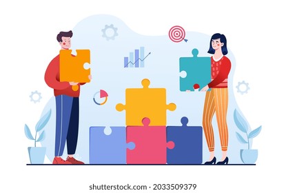People connecting puzzle elements. Roadmap to success in KPI performance. Big data analysis of company financial information. Flat abstract metaphor cartoon vector concept isolated on white background