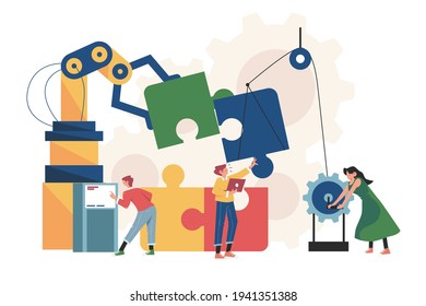 People connecting puzzle elements with robotic arm and machine