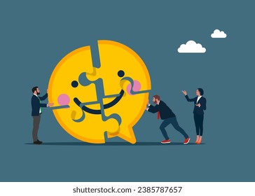 People connecting puzzle elements smiling emoji symbol. Job satisfaction, company benefit, positive attitude. Flat vector illustration