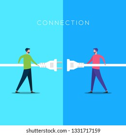 People connecting puzzle elements. Symbol of teamwork and collaboration. Vector illustration