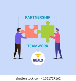 People connecting puzzle elements. Symbol of teamwork and collaboration. Vector illustration