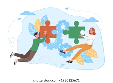 Personas conectando elementos del rompecabezas. Símbolo de trabajo en equipo, cooperación, asociación. Concepto de ilustración vectorial de dibujos animados abstractos planos en el diseño de páginas web de fondo blanco aislado