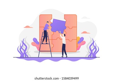 People connecting puzzle elements. Team metaphor, Teamwork and partnership. Working team collaboration, enterprise cooperation. Problem solving. Modern flat illustration
