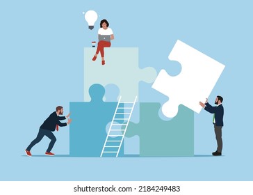 People connecting puzzle elements. Team metaphor and teamwork concept. Vector illustration