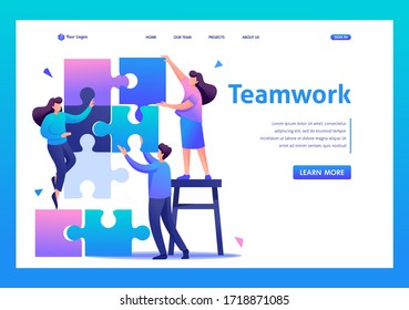 Gente conectando elementos de rompecabezas, trabajo en equipo, cooperación, asociación. Carácter plano 2D. Landing page Concepts and web design.