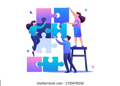 People connecting puzzle elements, teamwork, cooperation, partnership. Flat 2D character. Concept for web design