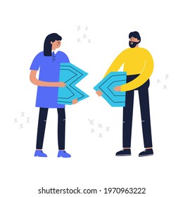 People connecting puzzle elements. Teamwork business concept. Vector hand drawn illustration