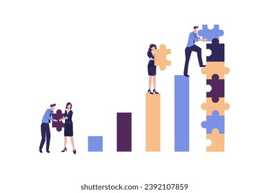 people connecting puzzle elements, teamwork, cooperative, symbiosis mutualism flat vector illustration