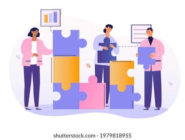 Personas conectando elementos del rompecabezas. Personal de formación, pensamiento de equipo, análisis de Big Data de la información financiera de la empresa. Concepto de vector de cartografía metáfora abstracta plana. Aislado sobre fondo blanco