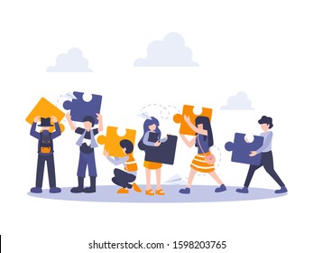 People connecting puzzle elements. Vector illustration business concept. Team metaphor flat design style. Symbol of teamwork, cooperation, partnership.