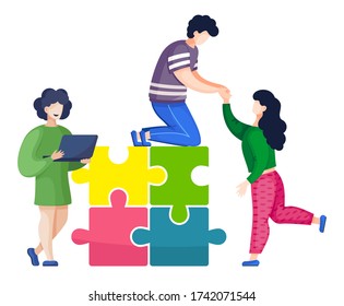 People with connecting puzzle elements at white background. Office teamwork concept. Partners support each other, working with web information, using laptop. Working together at joint business project