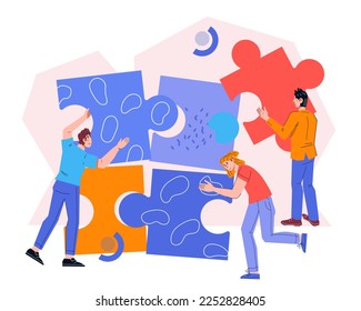People connecting puzzle as metaphor of collaborative efficient teamwork. Collaboration and teamwork, solution and business plan, flat cartoon vector illustration isolated on white background.