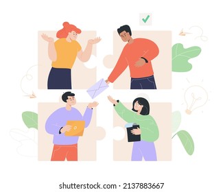 People connecting puzzle online flat vector illustration. Employees communicating remotely building relationship. Men and women working using social media. Business cooperation concept