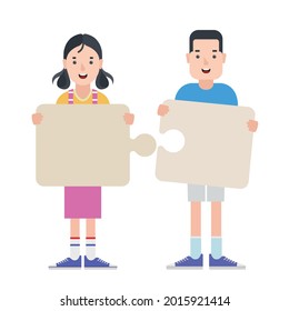 People connecting puzzle pieces. Group of people holding puzzle elements. Teamwork solution concept. flat design style men and woman characters.