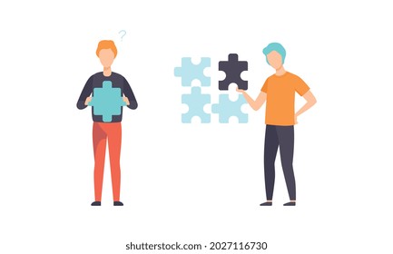People Connecting Puzzle Pieces Set, Men Trying to Find Solution Flat Vector Illustration