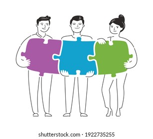 People Connecting Puzzle Pieces. Teamwork, Business Concept Vector Illustration