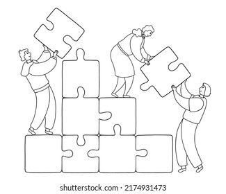 People connecting puzzle pieces. Teamwork, business and collaboration concept. Vector outline illustration
