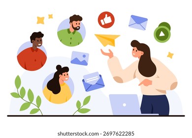 Personen, die sich über Online-Chat verbinden, Nachrichten, E-Mails und Medien für Teamarbeit, Remote-Zusammenarbeit und digitale Kommunikation auf einem isolierten weißen Hintergrund, Vektorgrafik