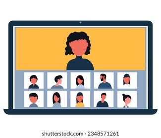 people connecting together, Conference video call, chat with friends. Videoconferencing and online meeting on laptop. Conference monitor with people on the screen