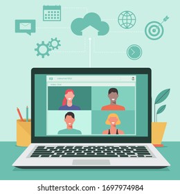 people connecting together, learning or meeting online with teleconference, video conference remote working and work from anywhere concept, flat vector illustration