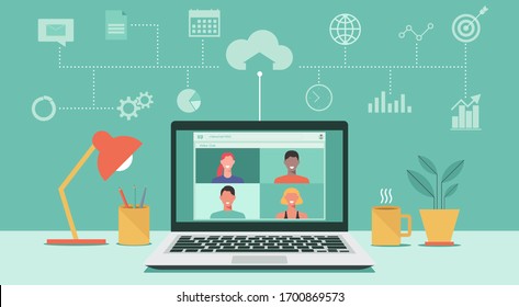 People Connecting Together, Learning Or Meeting Online With Teleconference, Video Conference Remote Working, Work From Home And Work From Anywhere Concept, Flat Vector Illustration