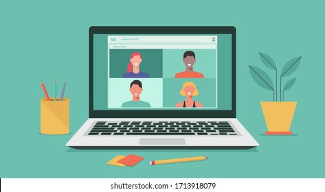 people connecting together, learning or meeting online with teleconference, video conference remote working on laptop, work from home and work from anywhere concept, flat vector illustration