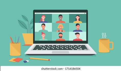 people connecting together, learning or meeting online with teleconference, video conference remote working on laptop computer, work from home and work from anywhere concept, flat vector illustration - Shutterstock ID 1714186504