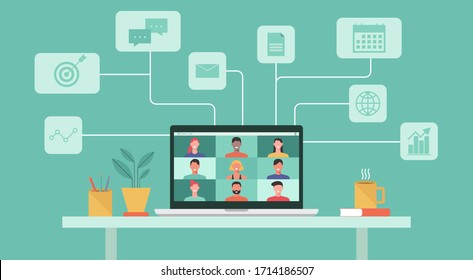 people connecting together, learning or meeting online with teleconference, video conference remote working concept, work from home and work from anywhere, flat vector illustration