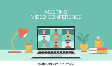 people connecting together, learning or meeting online with teleconference, video conference remote working on laptop computer, work from home, new normal concept, flat vector illustration