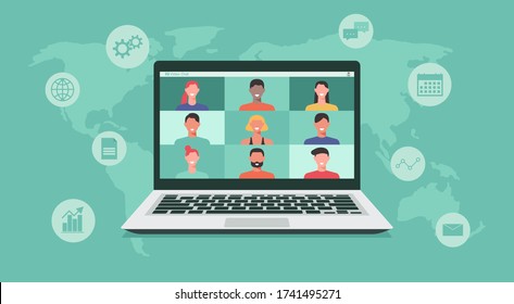 people connecting together, learning or meeting online with teleconference, video conference remote working on laptop computer, work from home or anywhere, new normal concept, flat vector illustration