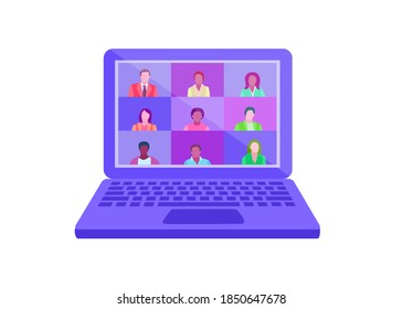 people connecting together, learning or meeting online with teleconference, video conference remote working on  computer, work from home and work from anywhere concept, flat vector illustration