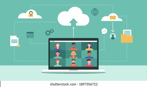 people connecting together, learning or meeting online with teleconference, video conference remote working, work from anywhere and sharing data and information on cloud computing technology