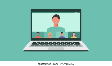 people connecting together, learning and meeting online with teleconference or video conference remote working on laptop computer, work from home and anywhere, flat vector illustration