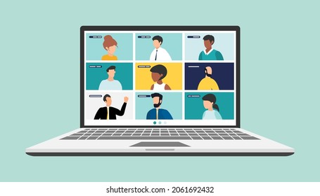 people connecting together, learning or meeting online with teleconference. Video conference remote working on laptop computer. Work from home and work from anywhere concept, flat vector illustration