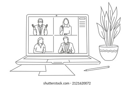 People Connecting Together, Learning Or Meeting Online With Video Conference, Work From Home. Hand Drawn Vector Illustration. Black And White.