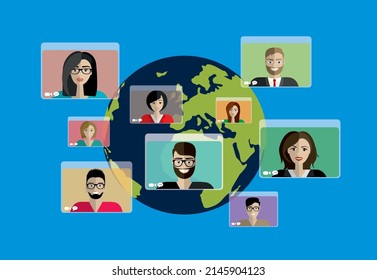 people connecting together, learning and meeting online with teleconference or video conference remote working all over the world, work from home and anywhere, flat vector illustration.