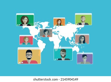 people connecting together, learning and meeting online with teleconference or video conference remote working all over the world, work from home and anywhere, flat vector illustration.