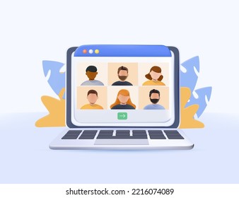 People connecting together, learning or meeting online with teleconference, video conference remote working on laptop, work from home and work from anywhere concept, 3D render vector illustration