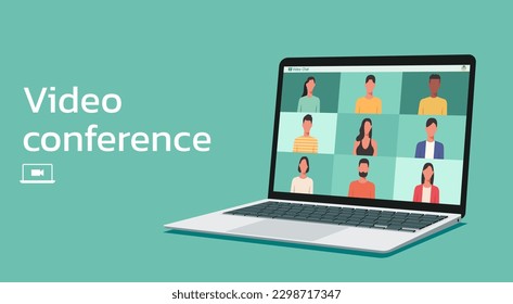 people connecting together, learning or meeting online with teleconference, video conference remote working on laptop, work from home and anywhere concept, flat vector illustration